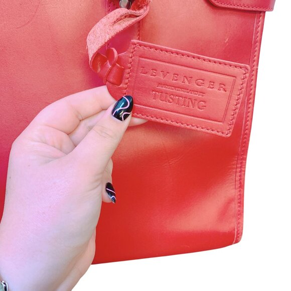 Levenger Red Leather Tusting Tote Bag Large - Picture 4 of 6